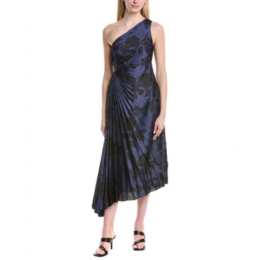 NWT Nicole Miller One Shoulder Pleated Floral Midi Dress Blue Black Size 6 NEW